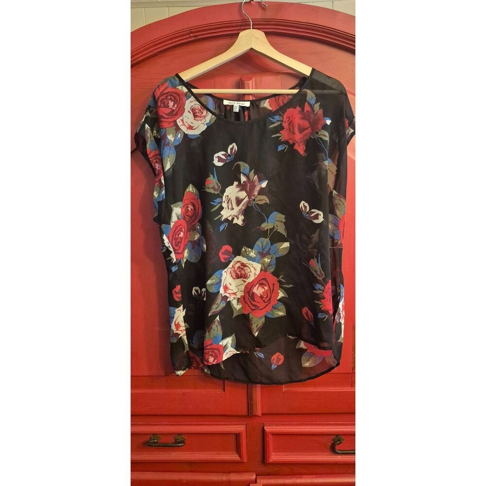 Black Rain XL Sheer Floral Rose Black Over Shirt Layering Red Black Blue Top EUC